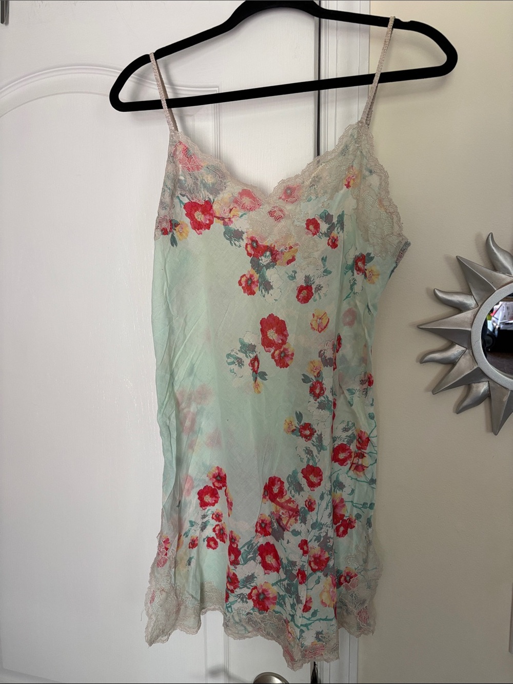 Natori Ladies Green Red Floral Print Cotton Slip Dress-S
